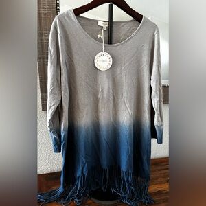 UMGEE Gray and Blue Ombre Fringe Top w 3/4 Sleeves. Linen Cotton Blend. XL.